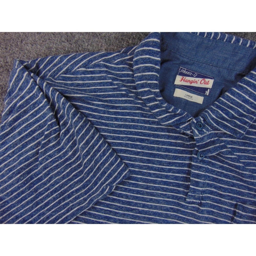 Johnnie-O Polo Mens Large Hangin Out Blue White Striped Short Sleeve Pocket Surf